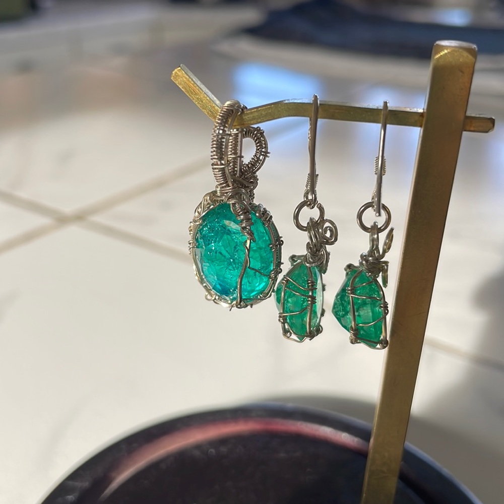 Silver Wire Wrapped Natural Emerald Set 😻 - Picture 2 of 7